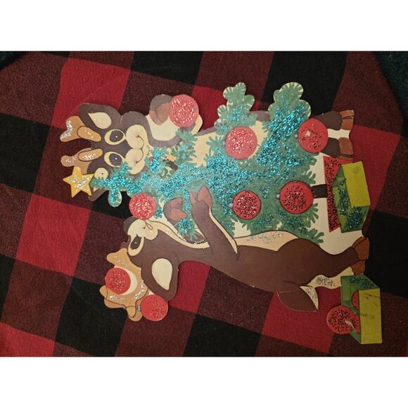 11 Vintage Die Cut Christmas Decorations W Bristle Santa Reindee Snowman 1970s - Picture 3 of 10